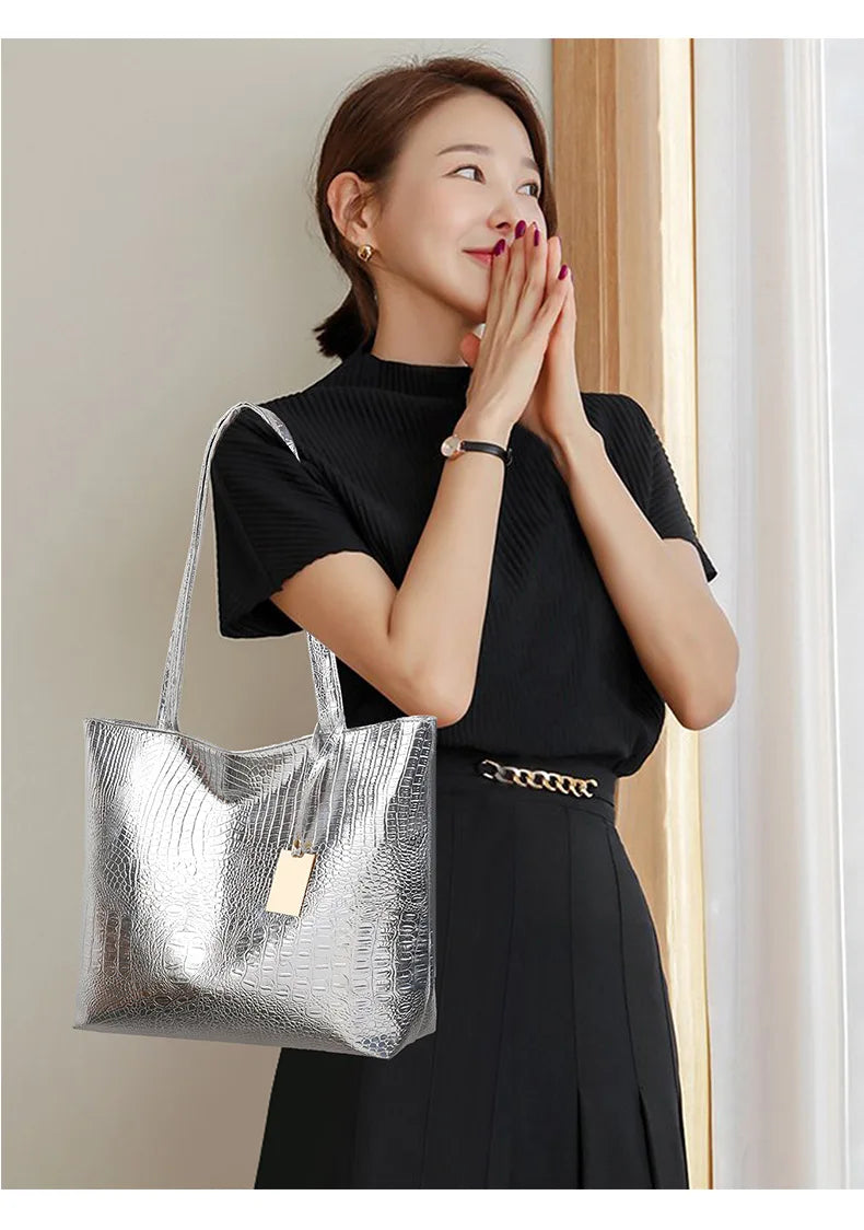 Women's Metallic PU Leather Tote Bag with Zipper