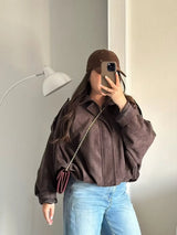 YENKYE New 2025 Women Suede Textured Bomber Jacket Long Sleeve Lapel Collar Loose Coats Casual Female Outerwear Chic Tops
