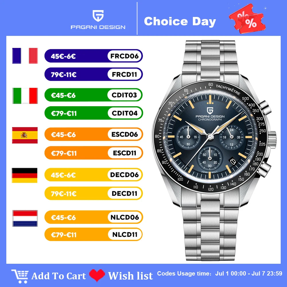 2026 New PAGANI DESIGN Moon V6 Men's Watches Luxury Quartz Watch For Man Chronograph VK63 Men Gift AR Sapphire Mirror Luminous