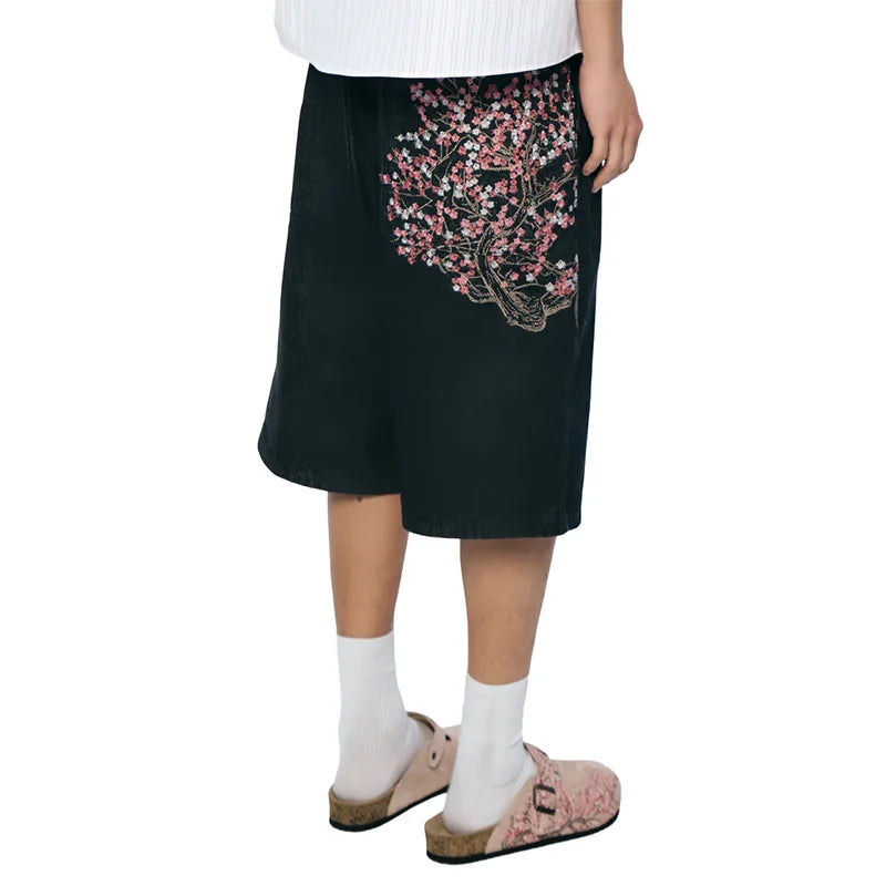 Retro Cherry Blossom Gothic Denim Shorts