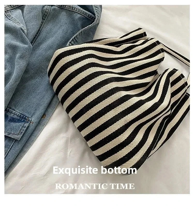 Female Casual Multifunctional Travel Top-handle Handbag Large Capacity Canvas Women Shopper Tote Simple Striped Shoulder Bag2025