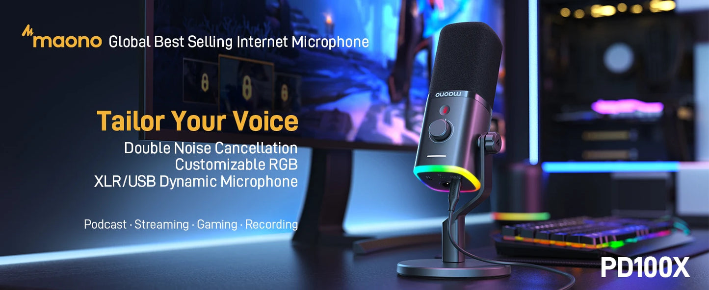 MAONO PD100X USB/XLR Dynamic Mic with RGB & Noise Reduction