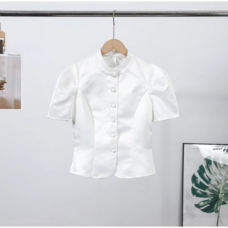2026 Spring Summer Short Puff Sleeve Frog Button Shirt For Women Stand Collar  Single Breasted Blouse Lady Chic Street Party Top