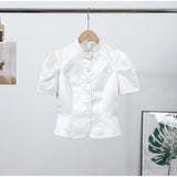 2026 Spring Summer Short Puff Sleeve Frog Button Shirt For Women Stand Collar  Single Breasted Blouse Lady Chic Street Party Top