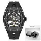 MEGIR Men Wristwatch Fashion Black Waterproof Automatic Mechanical Watch with Luminous Hands Silicone Strap Tonneau Dial 2242