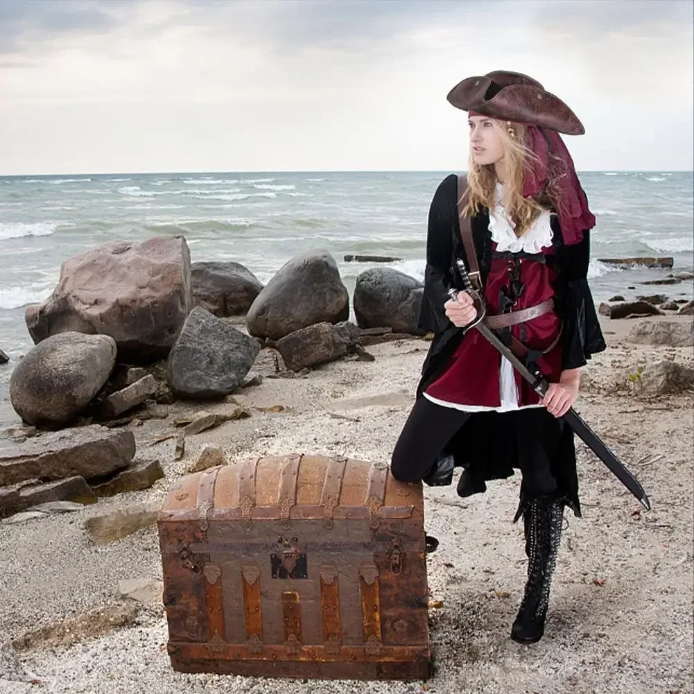 Faux Leather Pirate Hat Brown Captain Hat Vintage Button Masquerade Party Cosplay Costume Hat For Men Women Photography Props