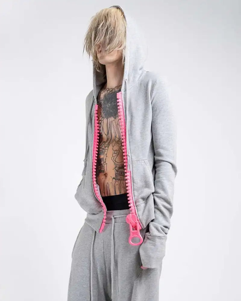 New Y2K American-style women's solid color large zipper loose cropped color-block hoodie fashionable street Harajuku style
