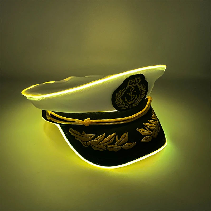 New Luminous White Sailor Captain Yacht Caps Wheat Embroidery LED Glow Navy Marine Hat Men Women Cosplay Halloween Costume Hats