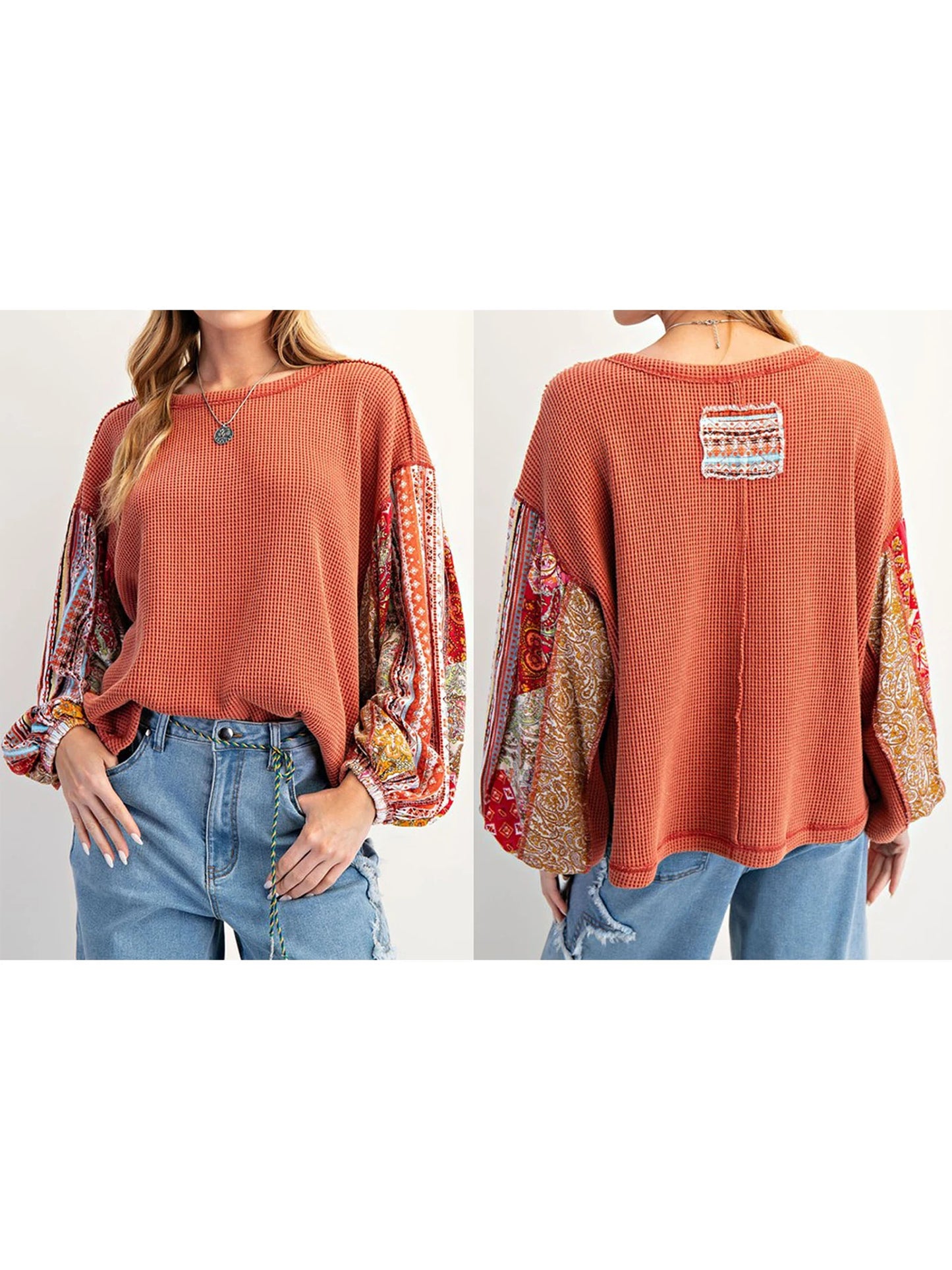 Printed Patchwork Crew Neck Hoodie