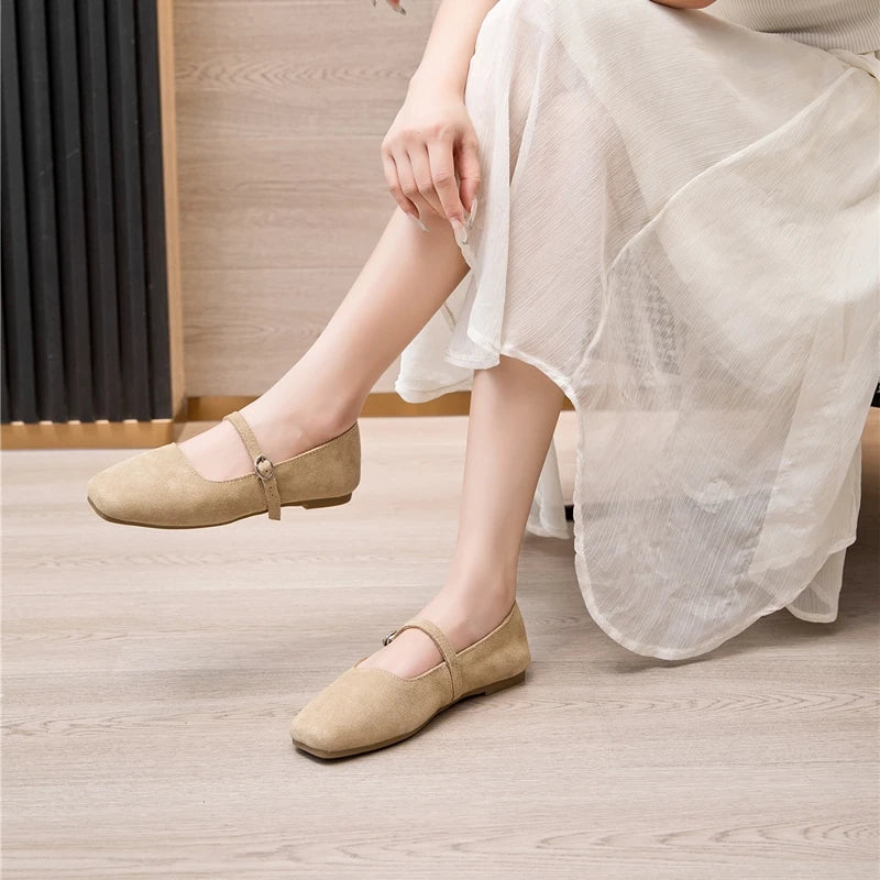 AIYUQI Women's Genuine Leather Square-Toe Ballet Flats