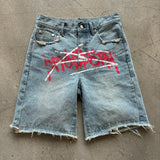 Y2K Graffiti Rhinestone Jorts | Retro Hip Hop Baggy Distressed Denim Shorts