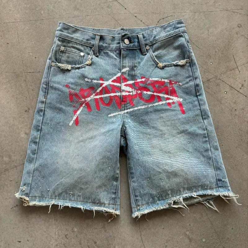 Y2K Graffiti Rhinestone Jorts | Retro Hip Hop Baggy Distressed Denim Shorts