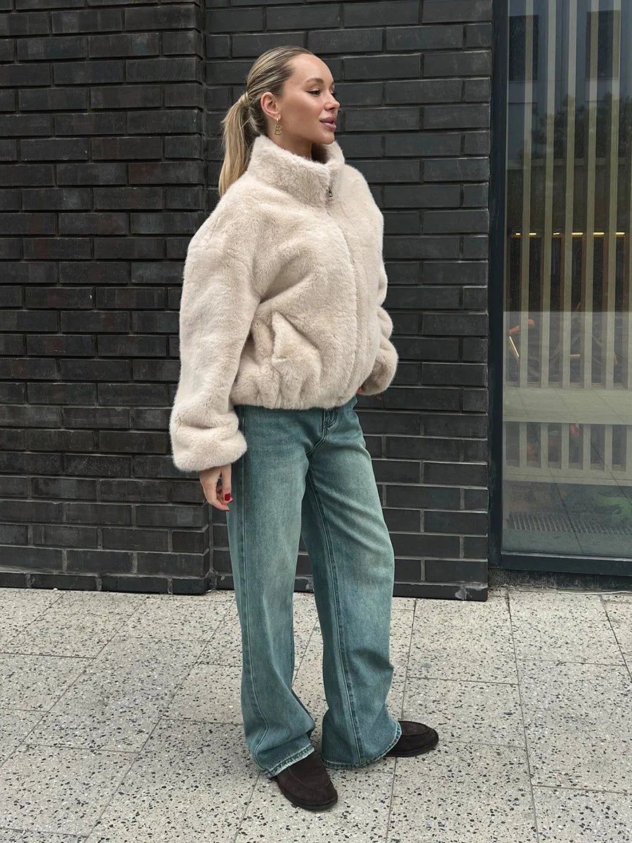 Bornladies New Women's Faux Fur Jacket Zipper Warm Plush Coat Oversized Soft Fluffy Stand Up Collar Autumn Winter Casual Jacket