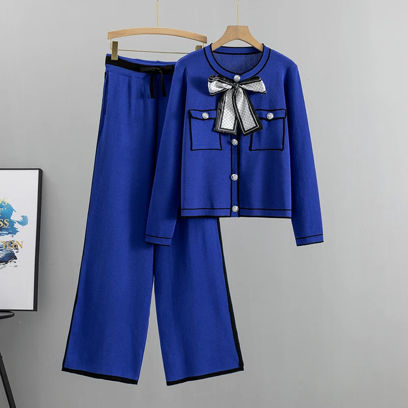 Autumn Women’s Elegant 2-Piece Pleated Set – Knit Bowknot Top & Wide Leg Pants
