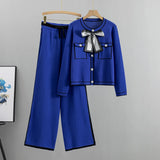 Autumn Women’s Elegant 2-Piece Pleated Set – Knit Bowknot Top & Wide Leg Pants