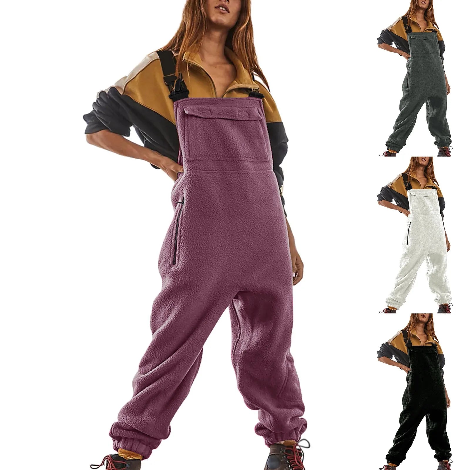 Fleece Bib Overalls - Adjustable Warm Winter Fuzzy Jumpsuit & Ski Pants