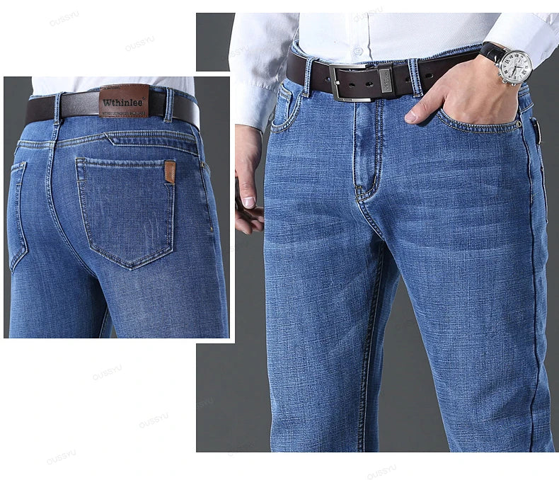OUSSYU Brand Classic Retro Blue Men's Jeans Denim Pants Work Streetwear Straight Stretch Business Autumn Winter Cotton Trousers