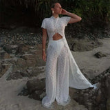 Women Pant Set Stand Collar Lace Sheer Sleeveless Split Front Top Wide Leg Solid Pant Casual Elegant Two Piece Set For Ladies