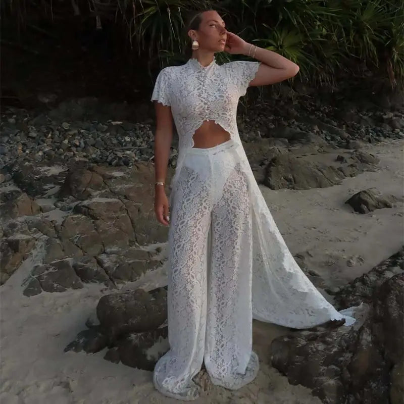 Women Pant Set Stand Collar Lace Sheer Sleeveless Split Front Top Wide Leg Solid Pant Casual Elegant Two Piece Set For Ladies