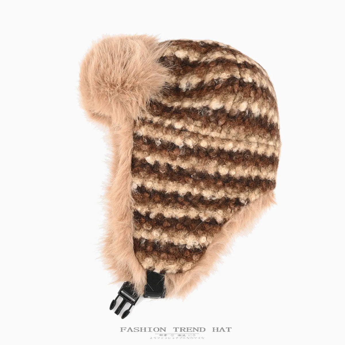 Winter Striped Knit Faux Fur Trapper Hat Women Thermal Fluffy Ushanka Earflap Cap Vintage Skiing Bomber Trooper Bonnet Pattern