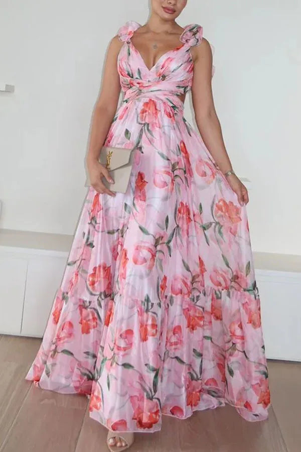 Elegant V-Neck Floral Silk-Laminate Maxi Dress – Summer 2025 Edition
