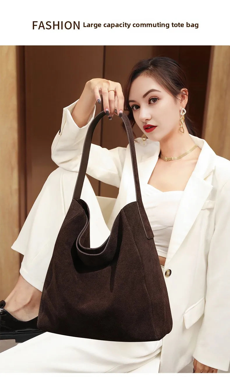 New suede velvet underarm tote bag for autumn and winter Simple large capacity first layer frosted cowhide handbag shoulder bag
