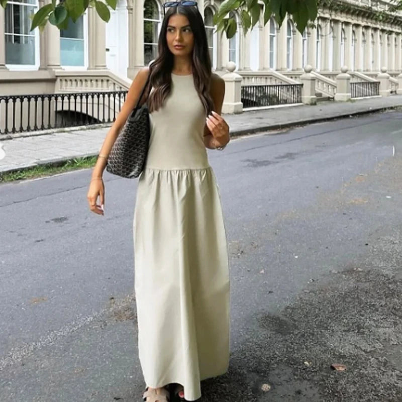 Khaki & Black Elegant Patchwork Maxi Dress – 2025 Spring Y2K Sleeveless