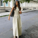 Khaki & Black Elegant Patchwork Maxi Dress – 2025 Spring Y2K Sleeveless