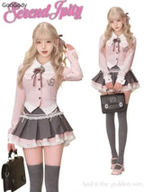 Spring Y2K Princess Outfits Women 2 Piece Sets Sweet Kawaii Bow Tops + Lace Pleated Skirt Female Retro Chic Preppy Style Clothes