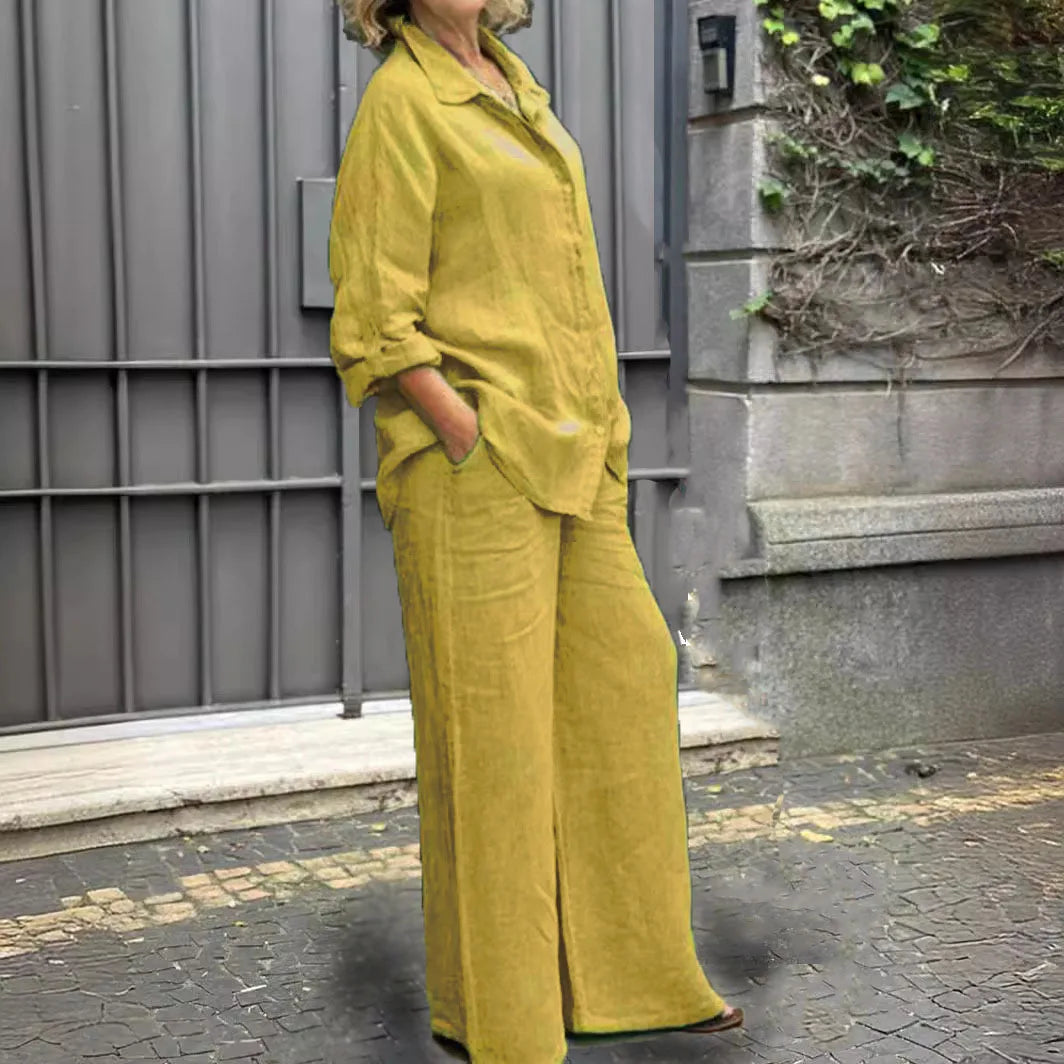 Fashion Cotton Linen Shirt Long Sleeved Women's Set Spring Autumn Loose Cotton  Linen Wide Leg Trousers Female Office 2piece Set