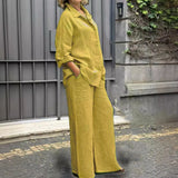 Fashion Cotton Linen Shirt Long Sleeved Women's Set Spring Autumn Loose Cotton  Linen Wide Leg Trousers Female Office 2piece Set
