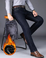 Men Autumn Winter Fleece Lined Thickened Jeans Male Business Straight Leg Loose High Waist Denim Pants Stretch Casual Trousers