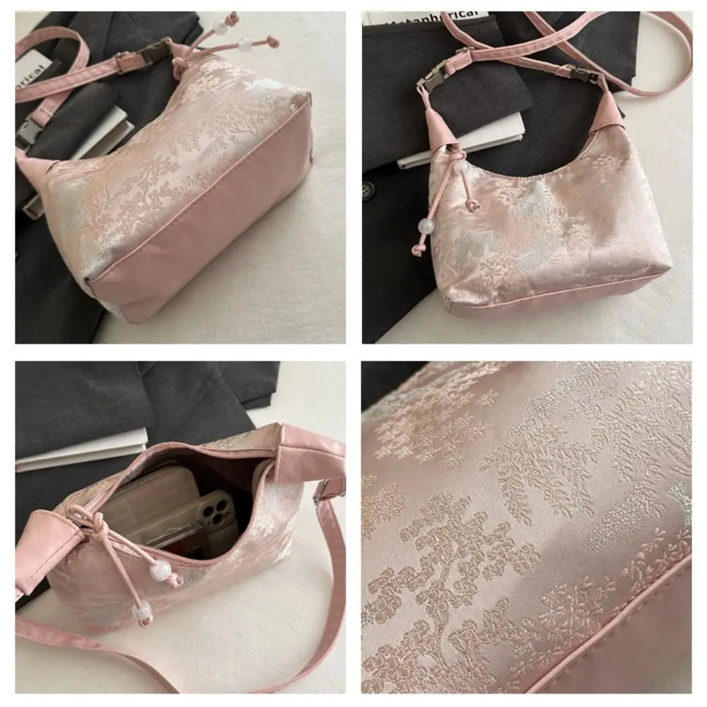Luxury Embroidery Shoulder Bag Nylon Texture Small Armpit Bag Pearl Pendant Bucket Handbag Women Girl