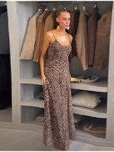 Vintage Chic Leopard Printed Sling Vestido Women Casual Backless Pleated Loose Fit Fold Spaghetti Strap Dress Vacation Beachwear