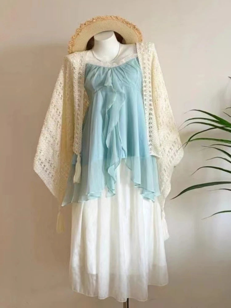 Casual Beach Style 2 Piece Skirt Sets Women Y2k Crop Top Vest + Mini Skirts Sweet Elegant Kawaii Vintage Suits Korean Fashion