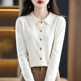 Polo Collar Spun Wool Cardigan – Elegant Single-Breasted Knit Jacket