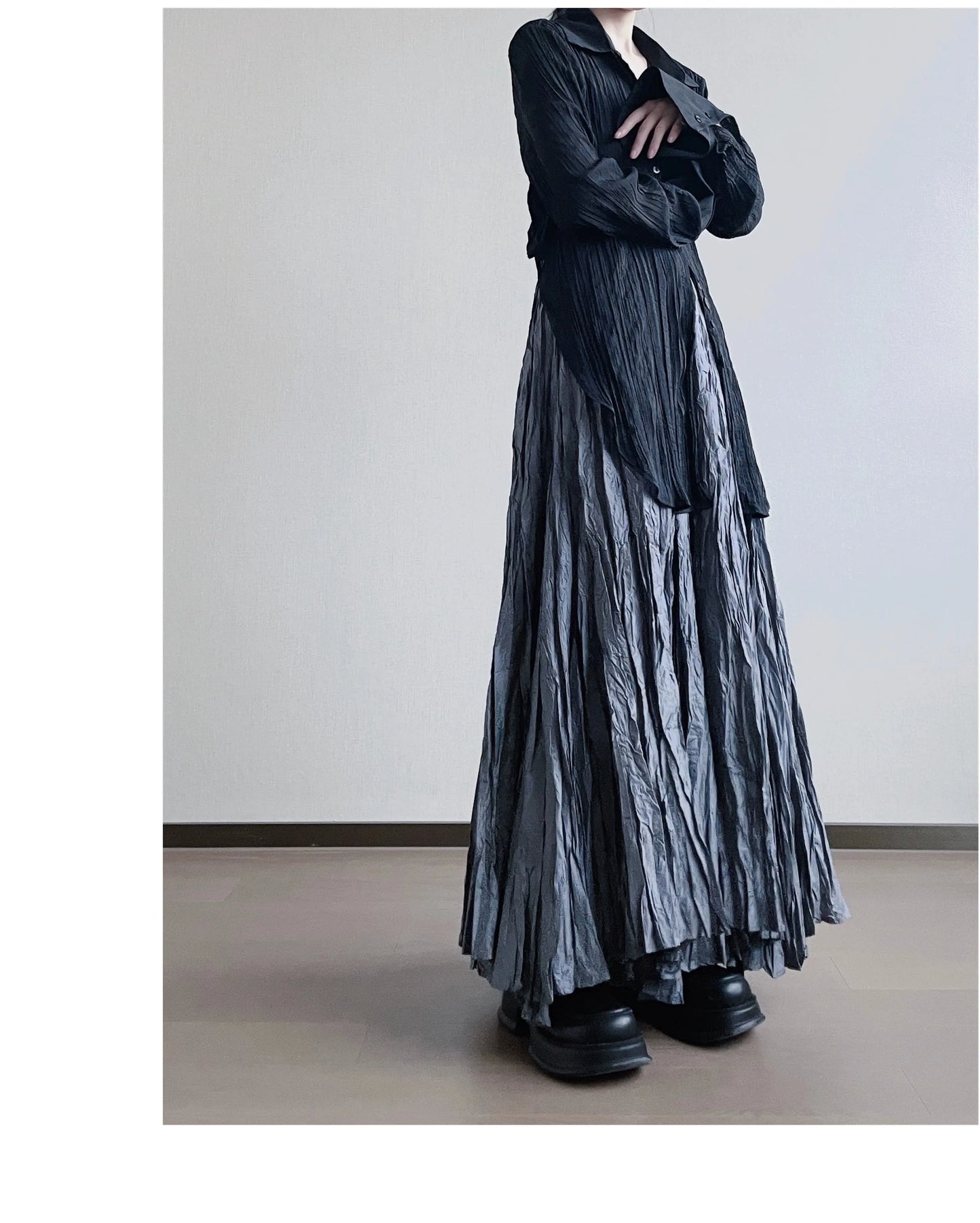 UMI MAO Irregular Fold Maxi Skirt – Elegant A-Line