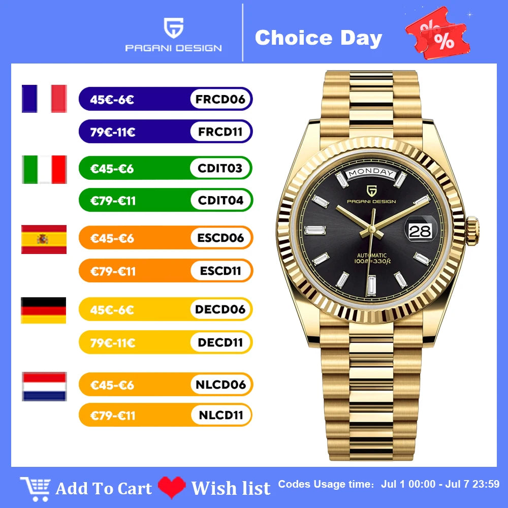 2026 New PAGANI DESIGN DD36 Mens Mechanical Watches Gold Luxury Automatic Watch For Men AR Sapphire Mirror Waterproof Gift Clock