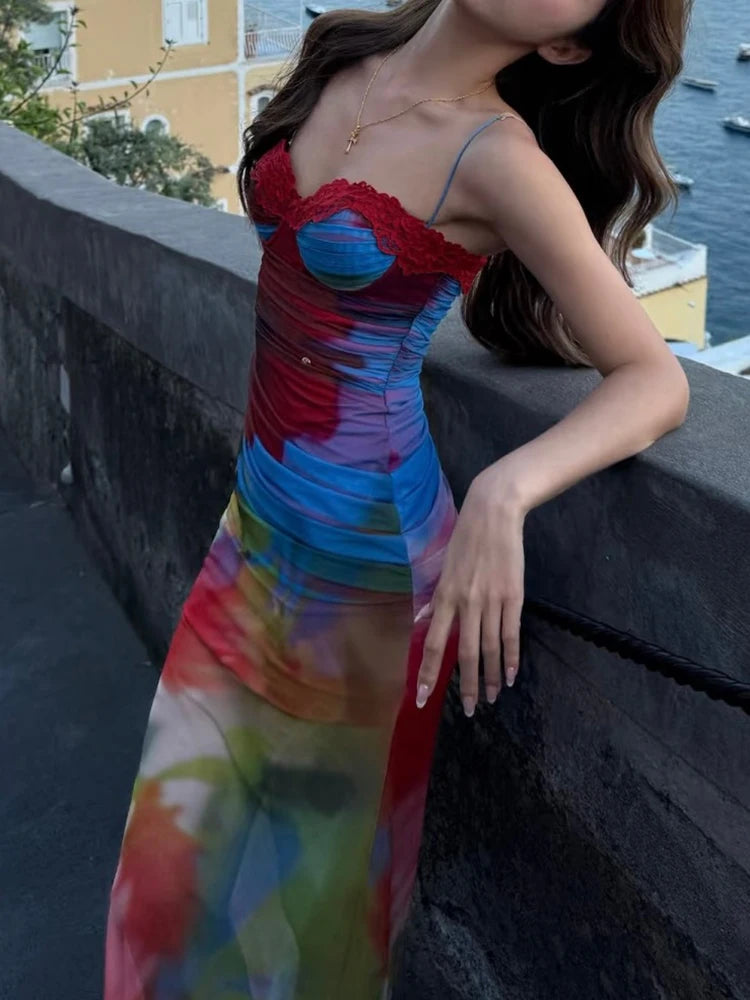 Colorful Lace Maxi Dress with Stretch Fit