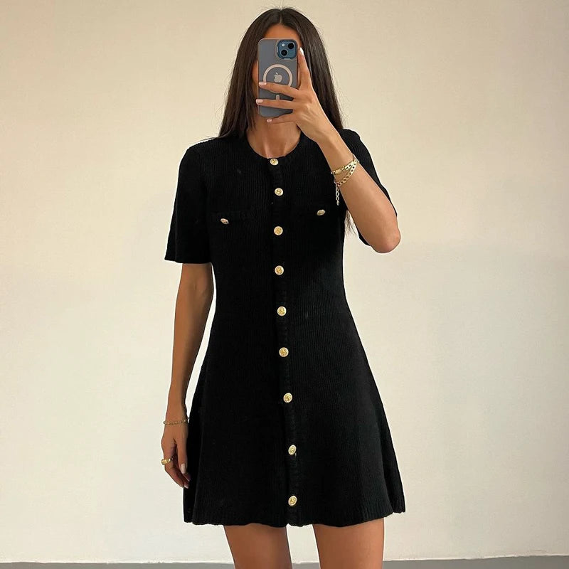 Elegant Metal Button Ribbed Mini Dress