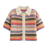 Women Patchwork Striped Hollow Out Crochet Knitted Crop Sweater Shorts Set Short Sleeve Polo Collar Sweater Knit Shorts Suit Y2K