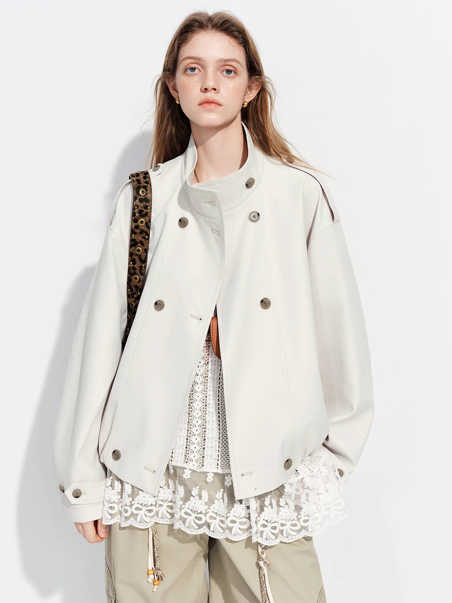 FSLE【Premium Series】Women's Oversize Short Trench Coat Brown Faux Leather Belted Jacket Grey Windbreaker Y2K Retro Outerwear