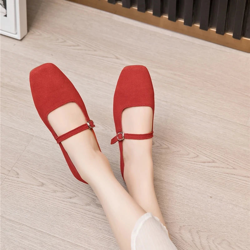 AIYUQI Women's Genuine Leather Square-Toe Ballet Flats