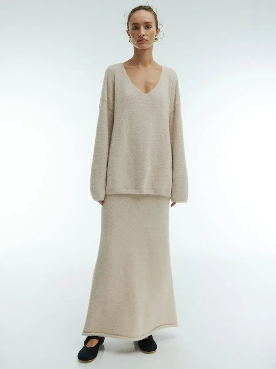 Women's V-Neck Knitted Sweater & Ankle-Length Skirt 2-Piece Set