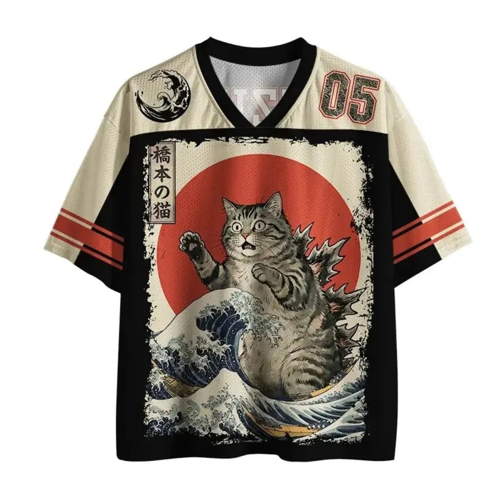 Harajuku Japanese-style ukiyo 3D Print Sport Breatha Quick-dry Men Women V-neck T-shirt Street Fashion Y2K Parent-child Clothing