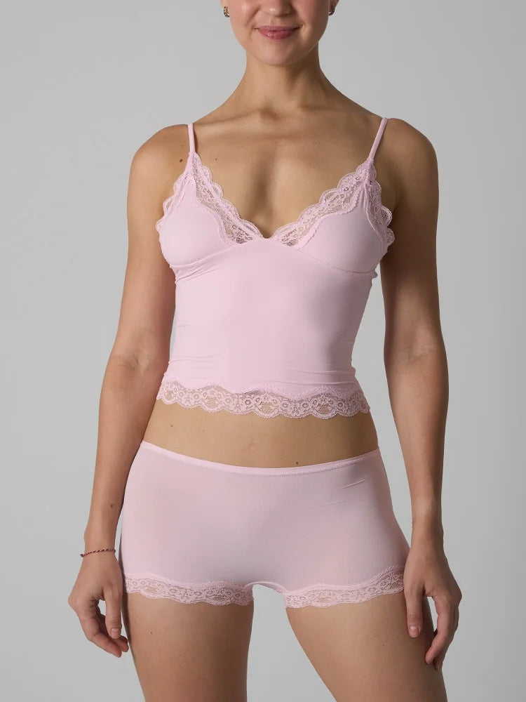 Europe American Simple Pink Light Thin Lace Strap Tank Top Flat Corner Lace Underwear for Women Comfortable Stretchy Short Sets