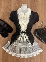 Sweet Lolita Lace Up Ruffles Cardigan+ Sexy Slim Fit Strapless Vest Tops+ High Waist Ruched Skirts Early Autumn Three Piece Sets