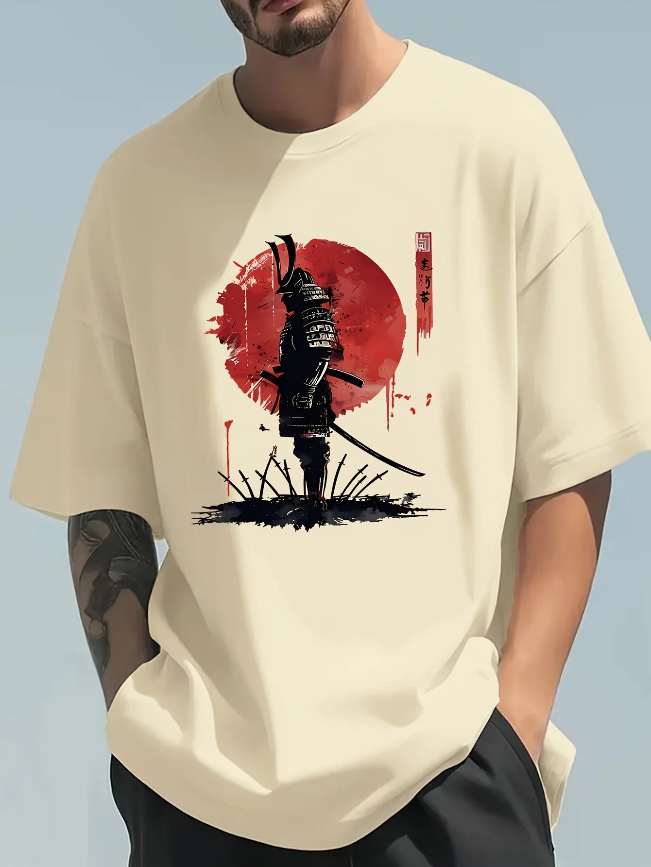 Men's Japanese Samurai Print Cotton T-Shirt - Relaxed Fit