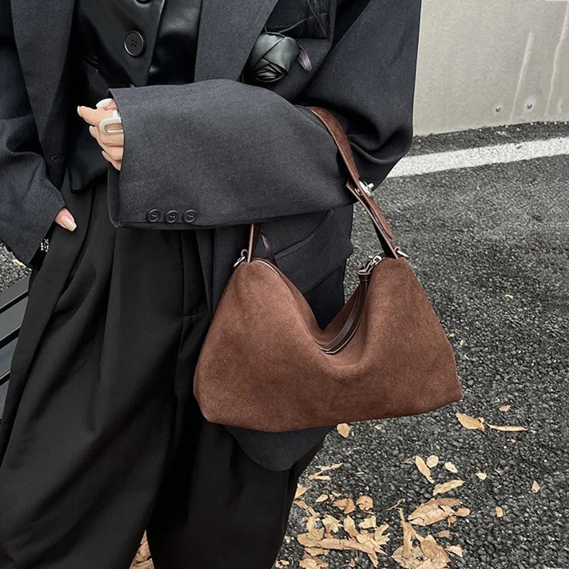 Wholesale Women Suede Bag Female Retro Frosted Cowhide Split Leather Armpit Shoulder Bag Lady Handbag Trendy Crossbody Messenger