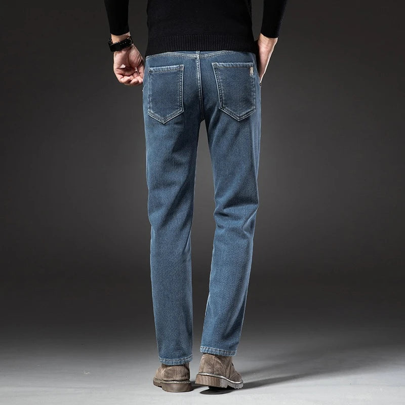 2025 Winter New Men's Fleece Thickened Jeans Retro Blue Hot Straight Casual Pants Stretch Premium Velvet Warm Denim Pants